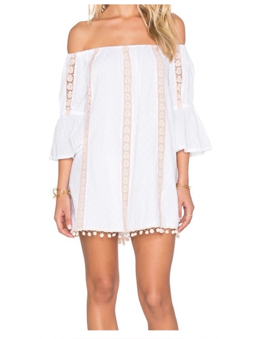 BNWT Tularosa White Off-Shoulder Holden Pom Trim Mini Dress with Beige Lace